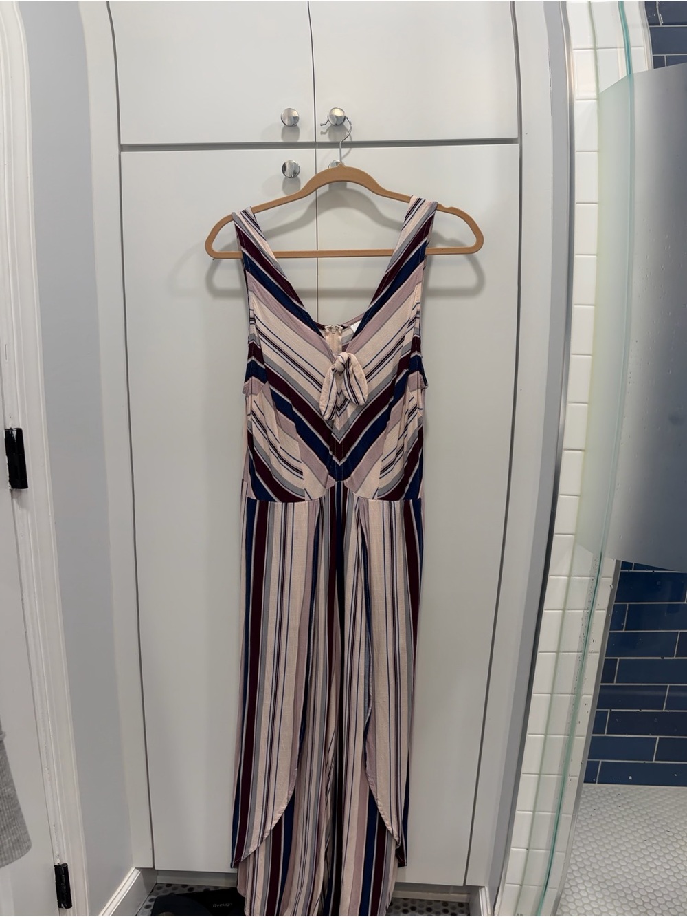 Xhilaration Pink, Navy & Cream Striped V-Neck Wide-Leg Jumpsuit